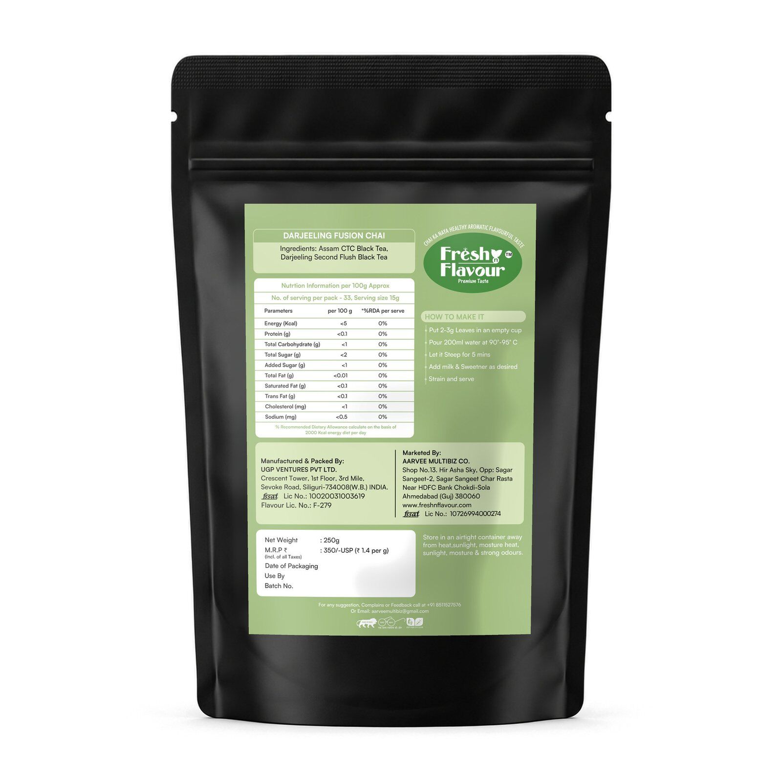 Fresh n Flavour Darjeeling Fusion CTC Chai 250g pouch back
