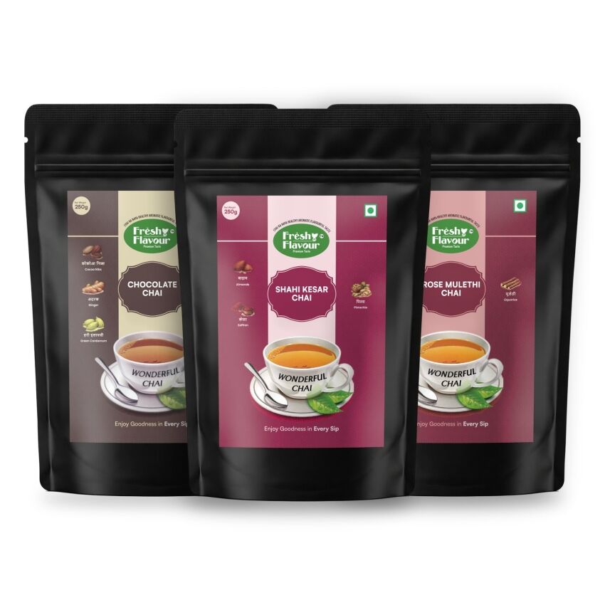 Fresh n Flavour Festive Trio: Shahi Kesar + Chocolate + Rose Mulethi Chai Combo — 750g (3 × 250g)