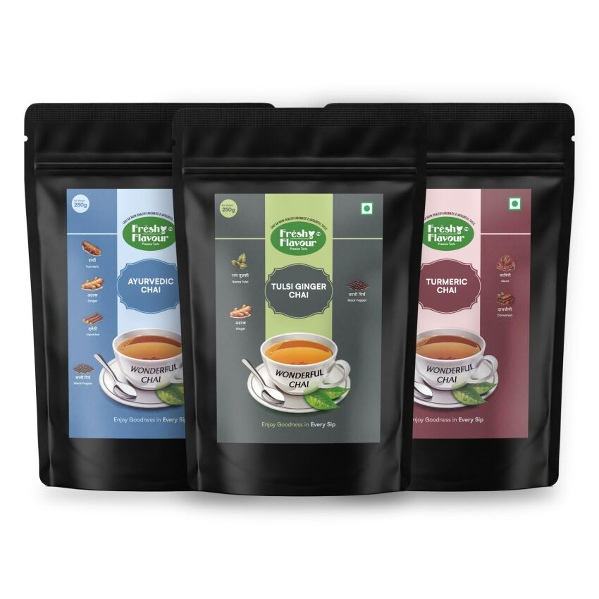 Fresh n Flavour Herbal Trio: Tulsi Ginger + Ayurvedic + Turmeric Chai Combo — 750g (3 × 250g)
