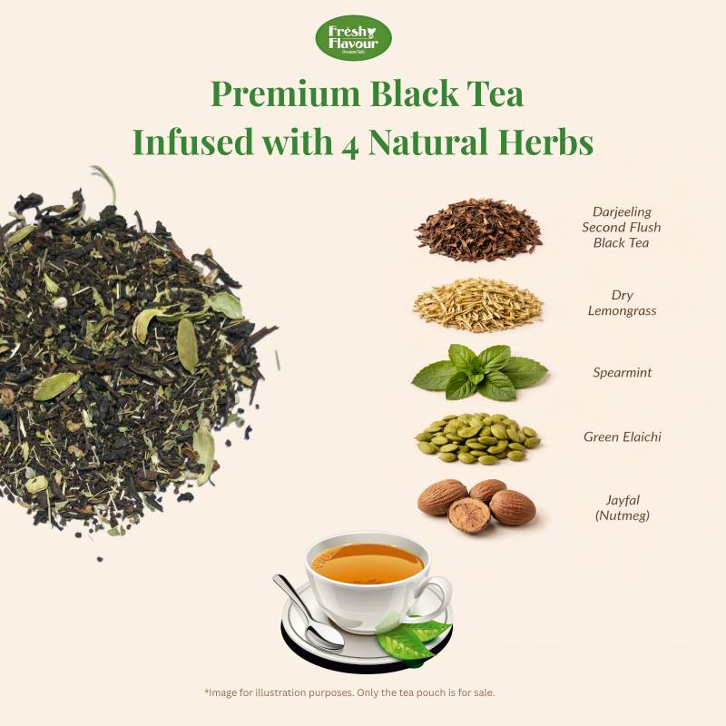 Fresh n Flavour Delightful Chai 500g pack – premium Assam and Darjeeling CTC tea blend with lemongrass spearmint cardamom – front view