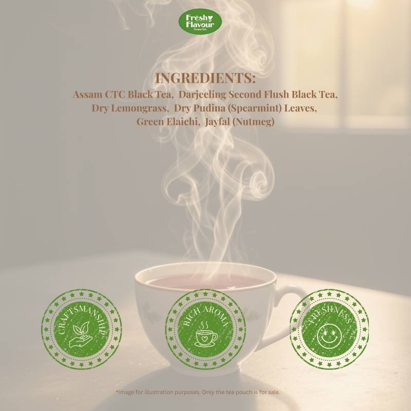 Fresh n Flavour Delightful Chai 500g pack – premium Assam and Darjeeling CTC tea blend with lemongrass spearmint cardamom – side view