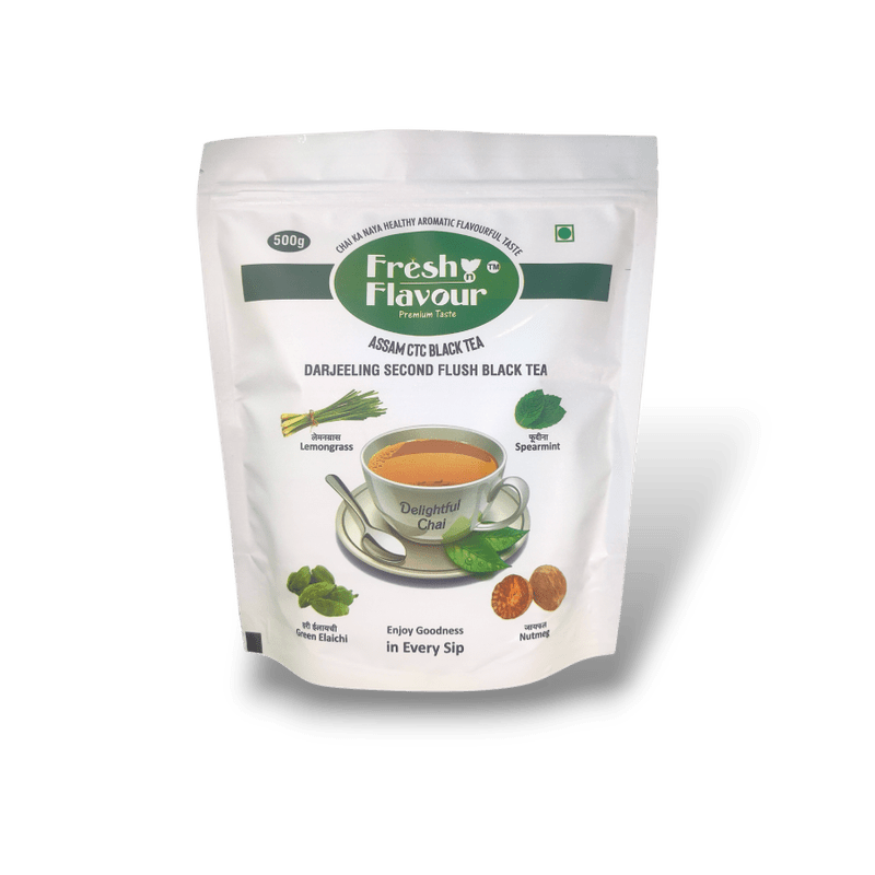 Fresh n Flavour Delightful Chai 500g pack – premium Assam and Darjeeling CTC tea blend with lemongrass spearmint cardamom – detail view