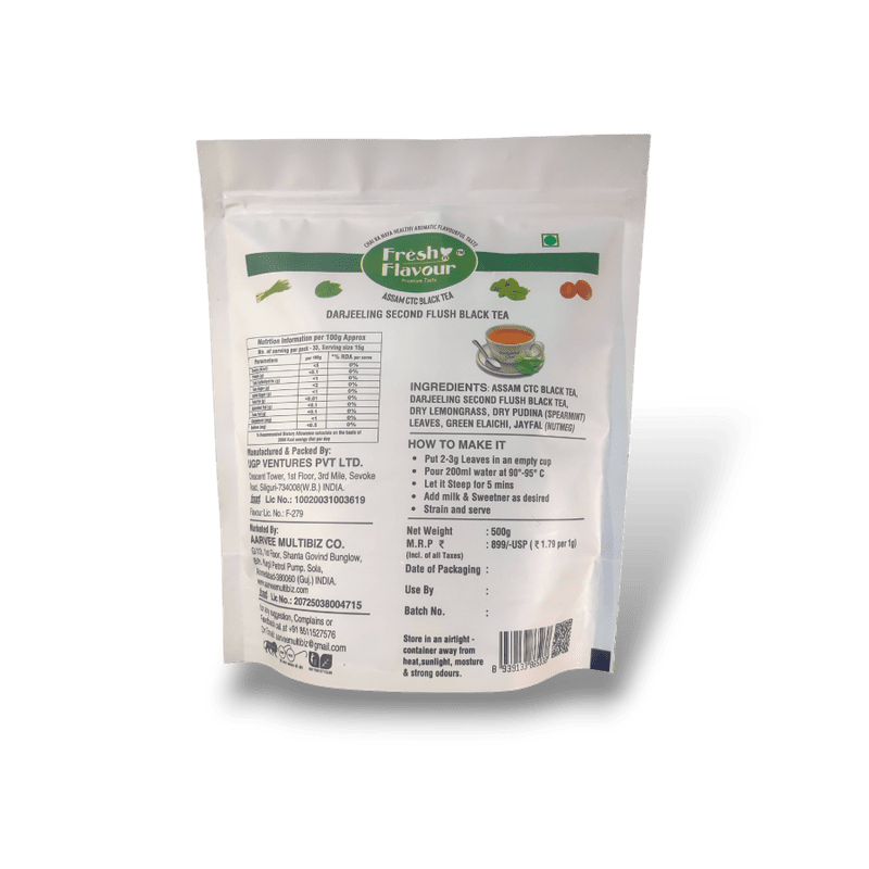 Fresh n Flavour Delightful Chai 500g pack – premium Assam and Darjeeling CTC tea blend with lemongrass spearmint cardamom – ingredients label