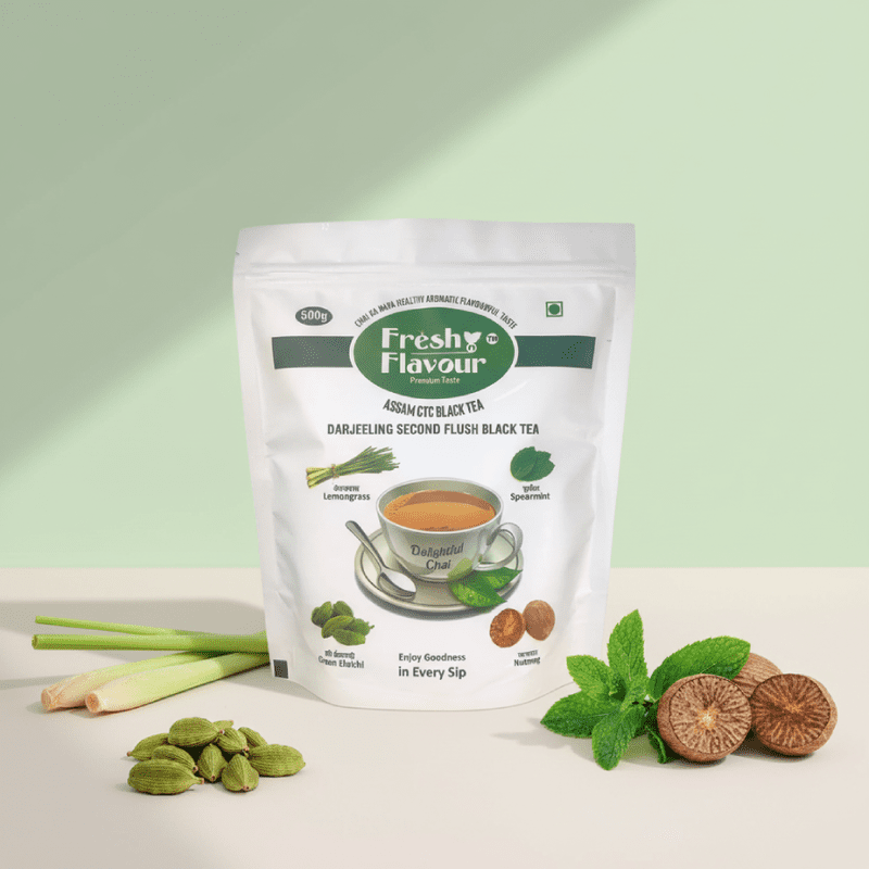 Fresh n Flavour Delightful Chai 500g pack – premium Assam and Darjeeling CTC tea blend with lemongrass spearmint cardamom – lifestyle shot