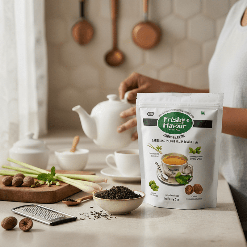 Fresh n Flavour Delightful Chai 500g pack – premium Assam and Darjeeling CTC tea blend with lemongrass spearmint cardamom – close up