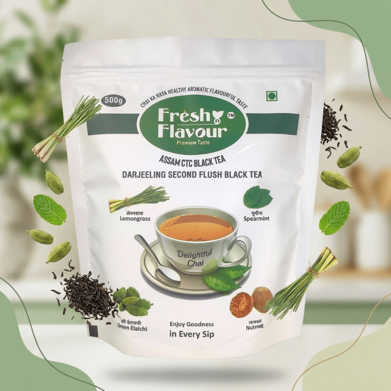 Fresh n Flavour Delightful Chai 500g pack – premium Assam and Darjeeling CTC tea blend with lemongrass spearmint cardamom