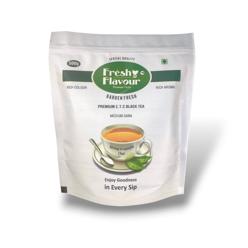 Fresh n Flavour Strong and Tasteful Chai 500g pack – garden fresh premium CTC black tea Medium Dana – ingredients label
